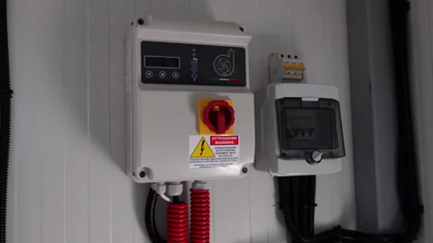 Electrical control panel with digital display and emergency stop button Video stock 336065365