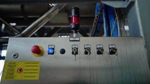 Electrical control panel with emergency stop and selector switches 動画素材 347964449