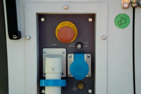 Electrical control panel with emergency stop button Foto stock