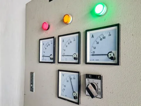 Electrical control panel with illuminated indicators and analog meters. Ind.. Fotos de archivo