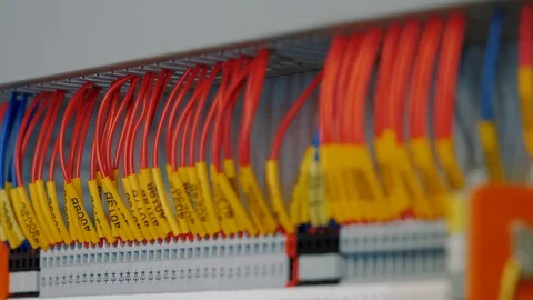 Electrical control panel with multiple switches and wires, cable terminal socket Stock Footage 120231278