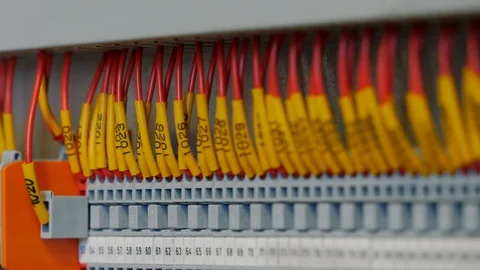 Electrical control panel with multiple switches and wires, cable terminal socket Stock Footage 120231311