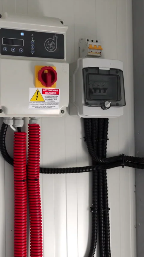 Electrical control panel with red cables and black wiring, showing detailed Stock-Footage 336948377