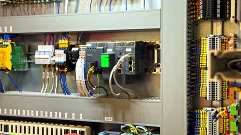 Electrical control panel with switches and wiring Stock Footage 334691549