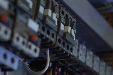 Electrical control panel switches and fuses. Stock Photos