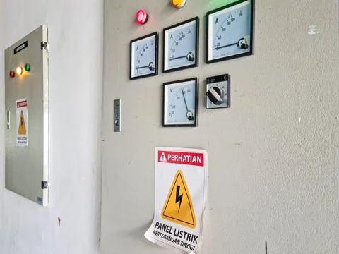 Electrical control panel with voltage meters and warning sign. Industrial s.. 库存照片