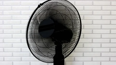 Electrical cooling fan with plastic rotating blades at home in summer Stock Footage 220827579