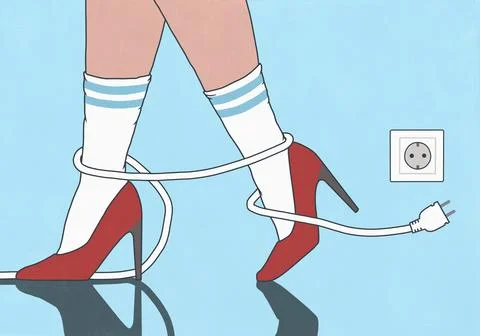 Electrical cord wrapped around ankles of woman in tube socks and red high heels Stock Illustration