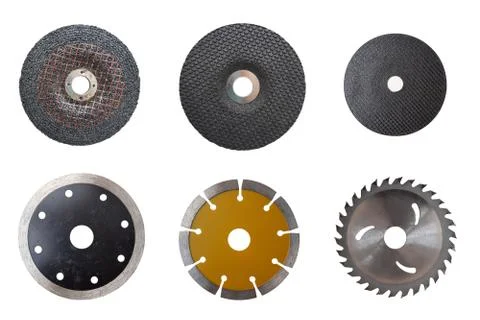 Electrical cutting and grinding machine circular blades isolated Stock Photos