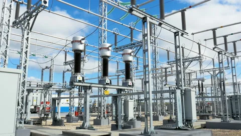 Electrical distributing equipment at substation Stock Footage 91064534