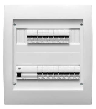 Electrical distribution board with automatic fuses and RCD breaker Stock Photos