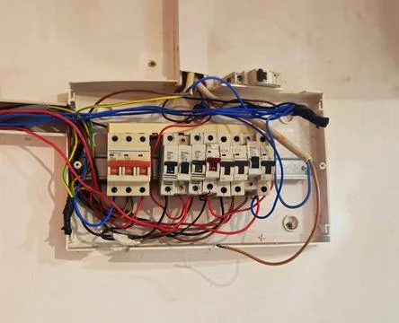 Electrical Distribution Board with Circuit Breakers and Exposed Wiring Stock Photos