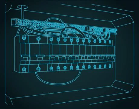 Electrical distribution board panel with circuit breakers technical bluepri.. Stock Illustration