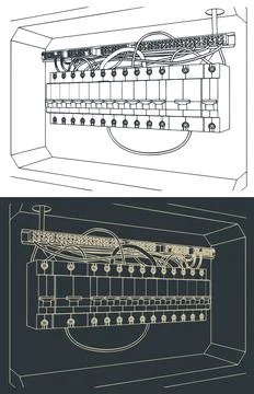 Electrical distribution board panel with circuit breakers technical blueprint Stock Illustration