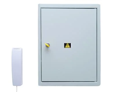 Electrical distribution board on white background. Metal enclosure with high  Stock Photos