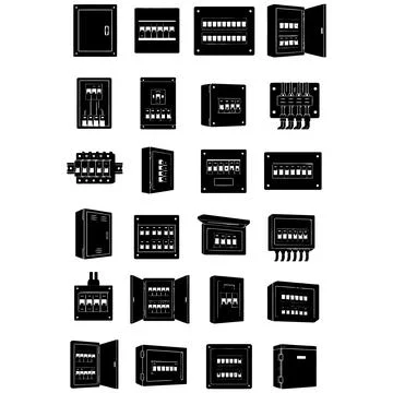 Electrical Distribution Boards and Breaker Boxes Icon Set for Power Systems Stock Illustration
