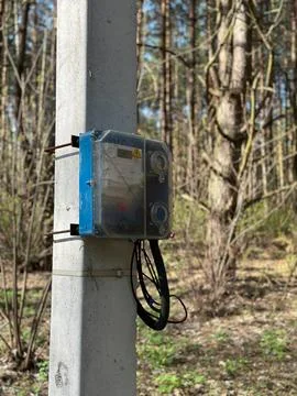 Electrical distribution panel in the middle of the forest. Electric meter o.. Stock Photos