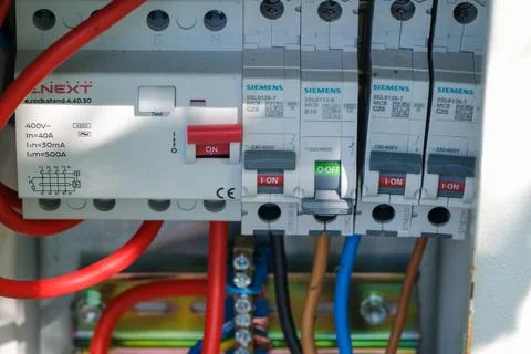 Electrical distribution panel with Siemens circuit breakers and wiring Stock Photos