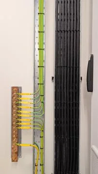 Electrical Earthing Busbar and Protective Conductors Inside Equipment Cabinet Stock Photos