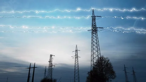Electrical energy bolts flowing through power transmission lines at sunset Stock Footage 332873968