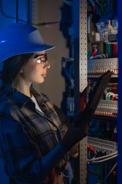 Electrical engineer analyzing power system on tablet near switchboard. Tech.. 写真素材