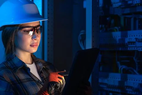 Electrical engineer analyzing power system using tablet near switchboard. T.. Stock Photos