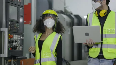 Electrical engineer check machine equipment. Wear protective equipment. Stock Footage 152866968