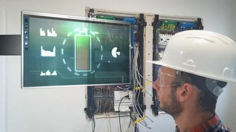 Electrical engineer checking data on a screen while installing electricity Foto stock