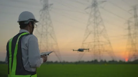 Electrical engineer control a drone To inspect high voltage poles Stock Footage 148356446