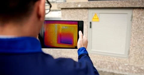 Electrical Engineer Detecting Overheating Using Thermal Camera Thermography F 스톡 사진