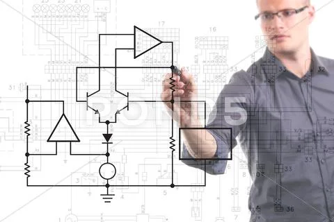 Electrical engineer drawing circuit diagram on the whiteboard Stock Illustration
