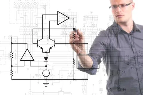Electrical engineer drawing circuit diagram on the whiteboard Illustrazione stock