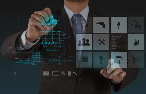 Electrical engineer drawing circuit diagram on the new computer screen Stock Illustration