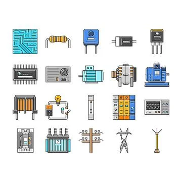 Electrical engineer industry work icons set vector Illustrazione stock