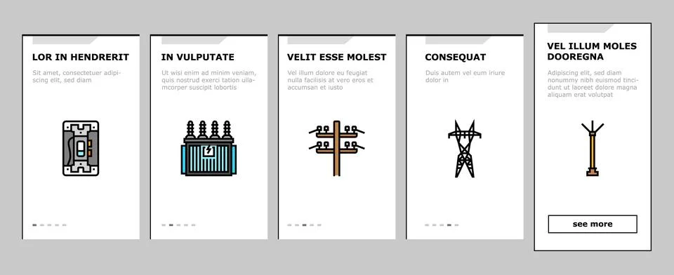 Electrical engineer industry work onboarding icons set vector Illustrazione stock
