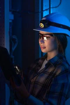 Electrical engineer inspecting power system with tablet near switchboard. T.. 写真素材