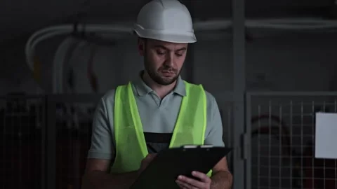 Electrical Engineer Inspects Control Panel in Server Room Stock Footage 297842134