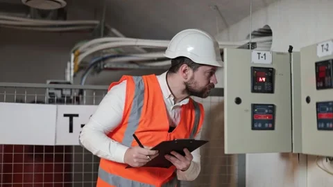 Electrical Engineer Inspects Electrical Control Panel in Server Room and Makes Stock Footage 297292204