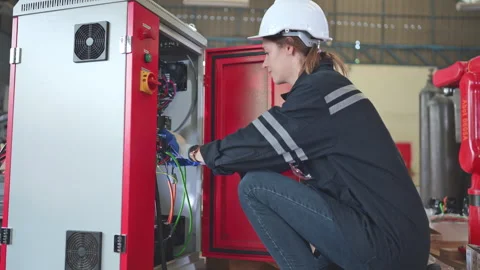 Electrical engineer with the mission of installing a robot arm electrical system Stock Footage 254546427