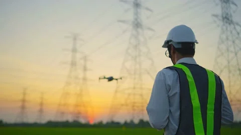 An electrical engineer operates a drone to inspect high voltage poles. 4K 스톡 동영상 221179209