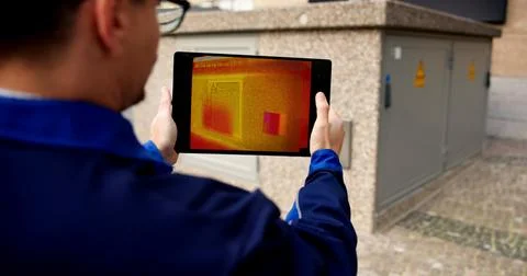 Electrical Engineer Performs Thermal Camera Safety Check On Fuse Box Stock Photos
