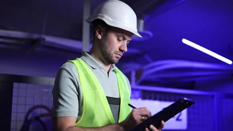 Electrical Engineer in Server Room Checking Control Panel and Writing on Stock Footage 297842008