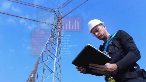 Electrical engineer servicing pylon tower with tablet Foto stock