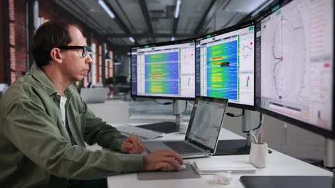 Electrical Engineer Studies Battery Performance Data On Laptop Stock Footage 347908853