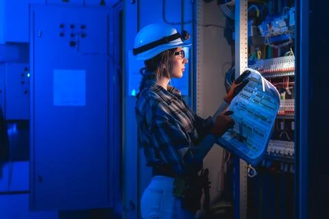 Electrical engineer studying power system blueprint in technical room. Prof.. Stock Photos