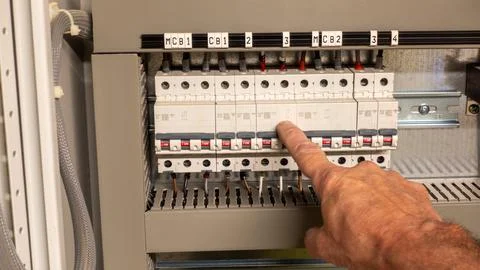 Electrical engineer switching off a circuit breaker during planned service 스톡 사진