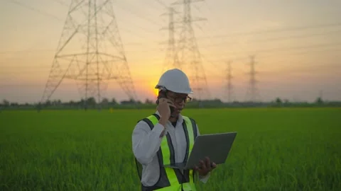 Electrical engineer talking on the phone High voltage tower 動画素材 148348679
