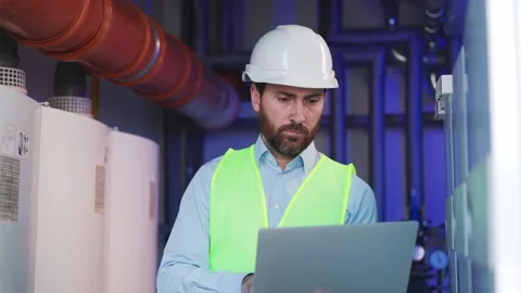 Electrical engineer, tech support in plant, server room work hardware inspection Stock Footage 256297496