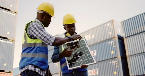 Electrical Engineer Technician is presenting solar panels for install  Stock Footage 166841597