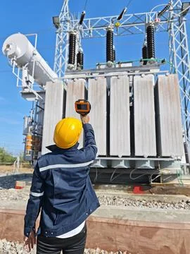 Electrical engineer technician scanning high voltage power transformer. Stock Photos